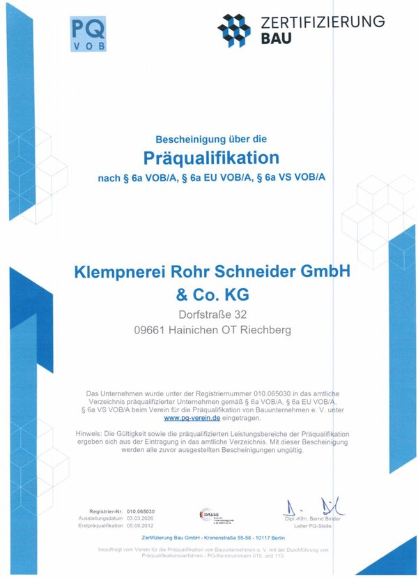 Bescheinigung Präqualifikation Bauleistung