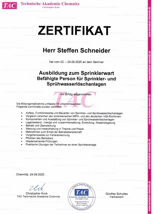 Bescheinigung Sprinklerwart Steffen Schneider